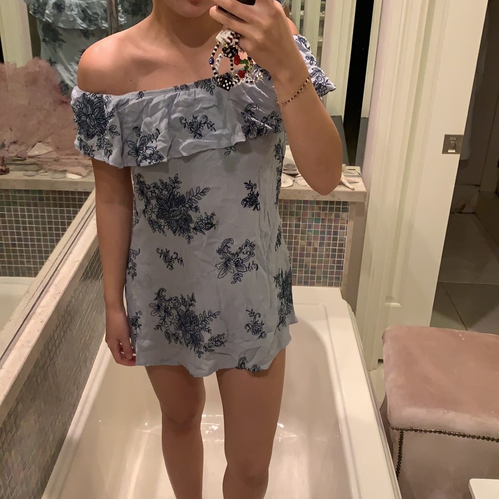 SALE Light Blue Embroidered Off Shoulder Dress